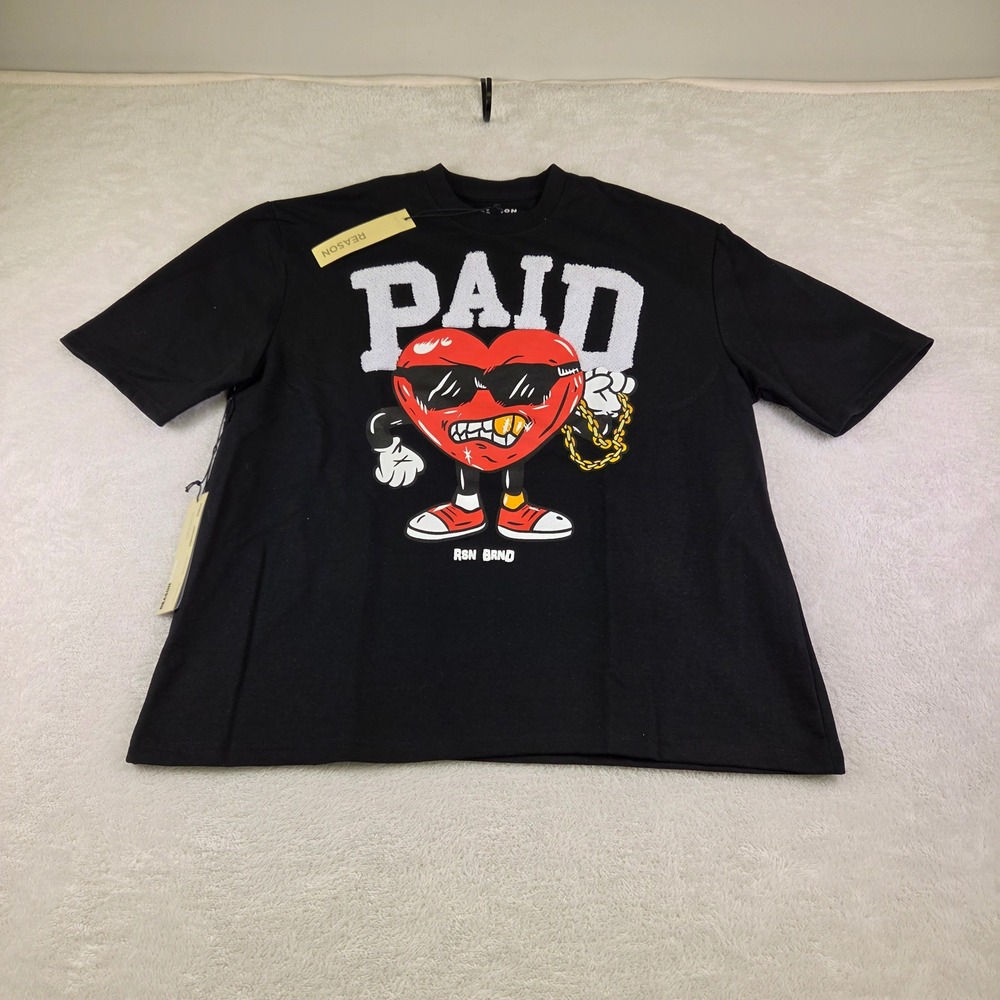 Reason Brand Mens Black PAID Graphic T-Shirt Chenille Heart XL Streetwear Tee